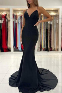 V neck black mermaid long prom dress court train formal gown
