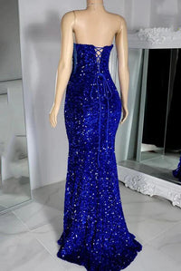 Royal blue sweetheart sequin velvet prom dress long formal gown wedding party dress