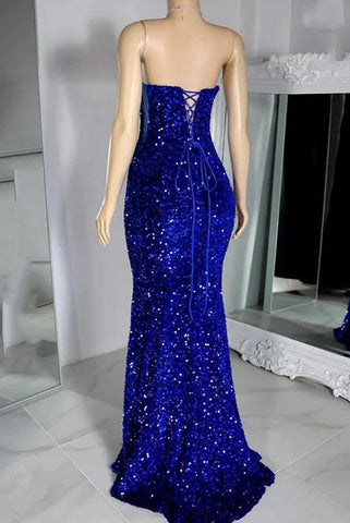 Royal blue sweetheart sequin velvet prom dress long formal gown wedding party dress