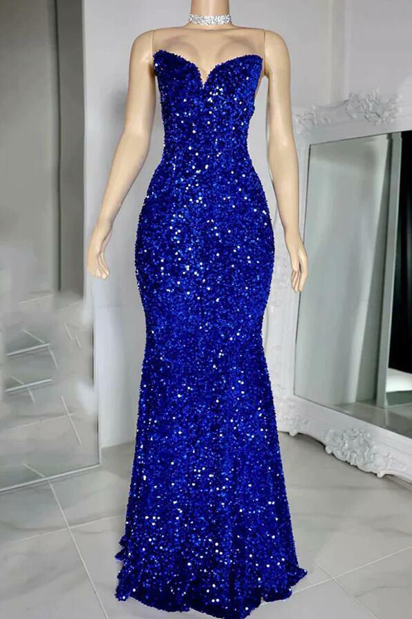 Royal blue sweetheart sequin velvet prom dress long formal gown wedding party dress