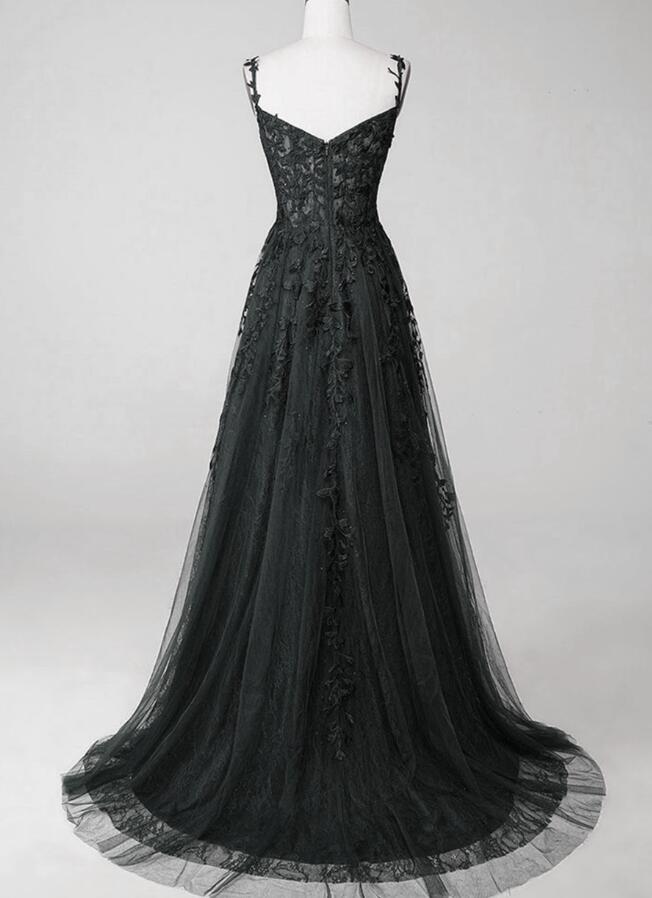 Black Spaghetti Strap Lace Tulle Prom Dress with Sweetheart Neckline