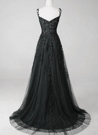 Black Spaghetti Strap Lace Tulle Prom Dress with Sweetheart Neckline