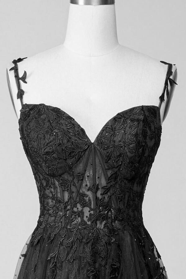 Black Spaghetti Strap Lace Tulle Prom Dress with Sweetheart Neckline