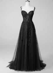 Black Spaghetti Strap Lace Tulle Prom Dress with Sweetheart Neckline