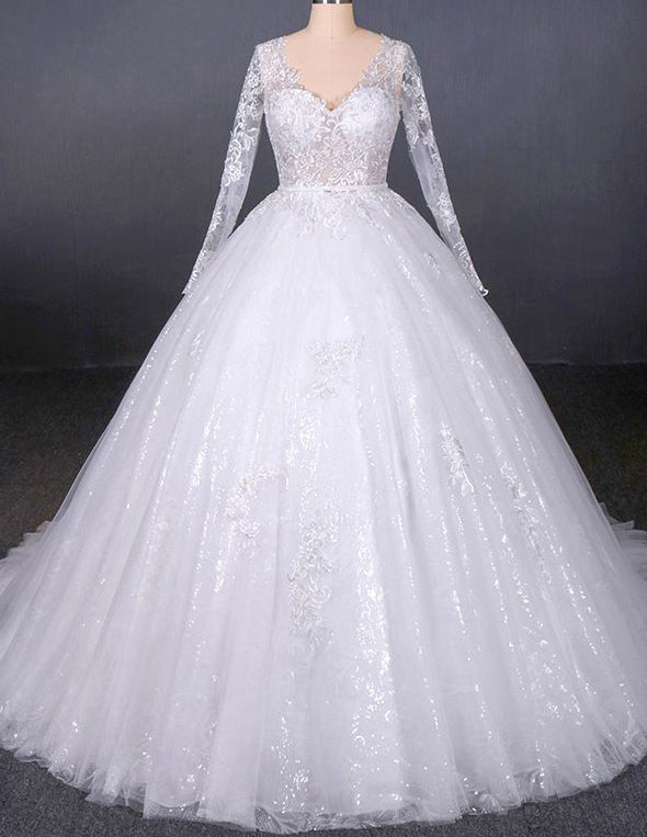 Ivory v neck lace tulle wedding dress bridal gown