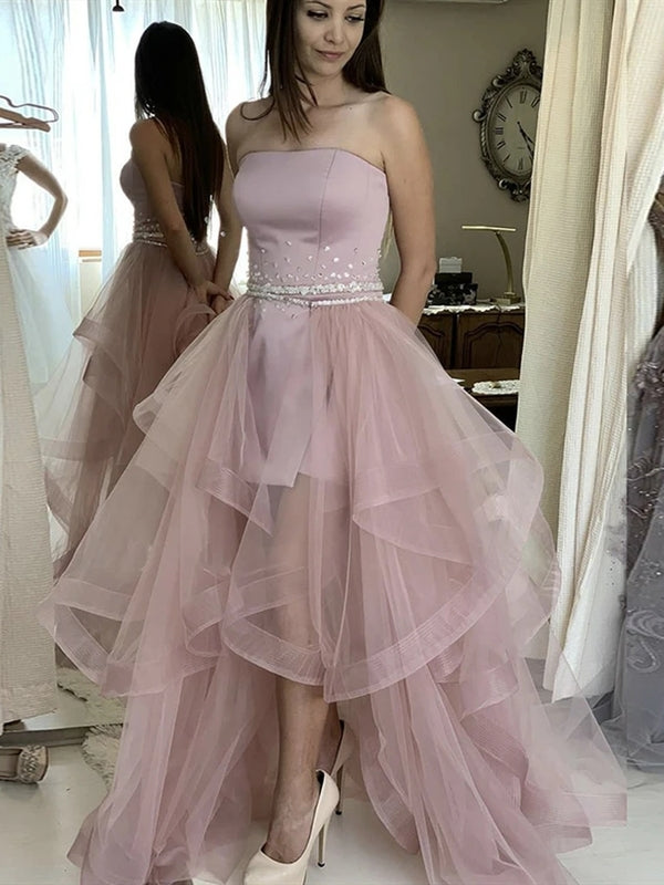 Blush beaded waist evening dress detachable tulle party skirt Strapless prom dress