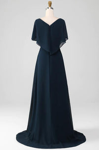 V neck navy blue beading formal dress long chiffon evening party dress
