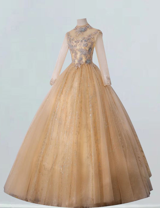 Elegant gold lace applique tulle ball gown for girls - perfect for prom, bridesmaid, and formal evening events2 VIMYES