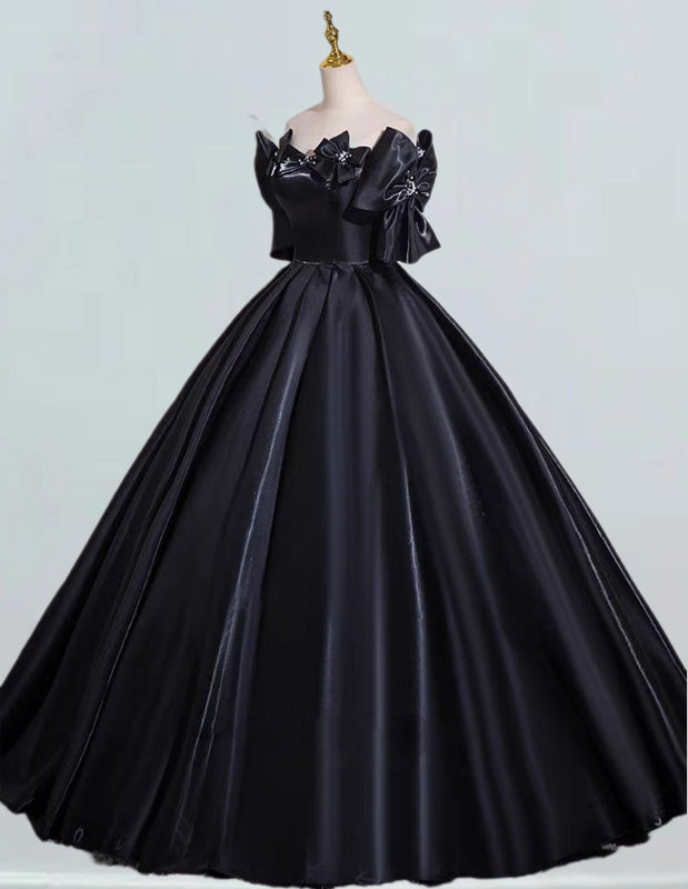 Elegant strapless satin ball gown for girls, black prom and evening dress with aesthetic design, perfect for formal events and princess parties0