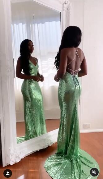 Green Spaghetti strap long prom dress v neck mermaid party dress sequin floor length formal dress VIMYES