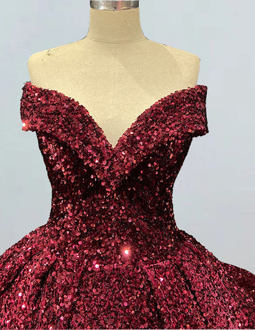 Burgundy velvet off-shoulder sequined prom gown with long train for girls3