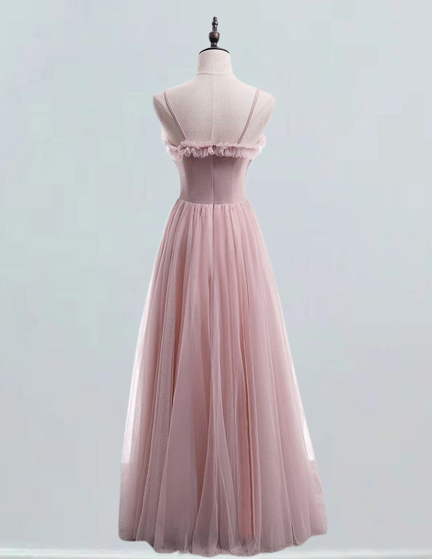 Elegant pink tulle evening gown for girls, fairy prom and bridesmaid dress with sleeves and off-shoulder design0