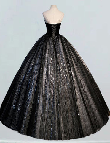 Elegant strapless black tulle quinceanera prom gown evening dress for girls0