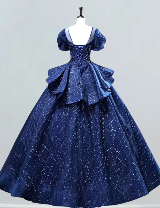 Elegant navy sequin tulle Quinceanera dress for girls, perfect for prom and evening events0