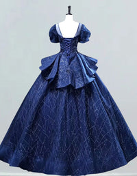 Elegant navy sequin tulle Quinceanera dress for girls, perfect for prom and evening events0