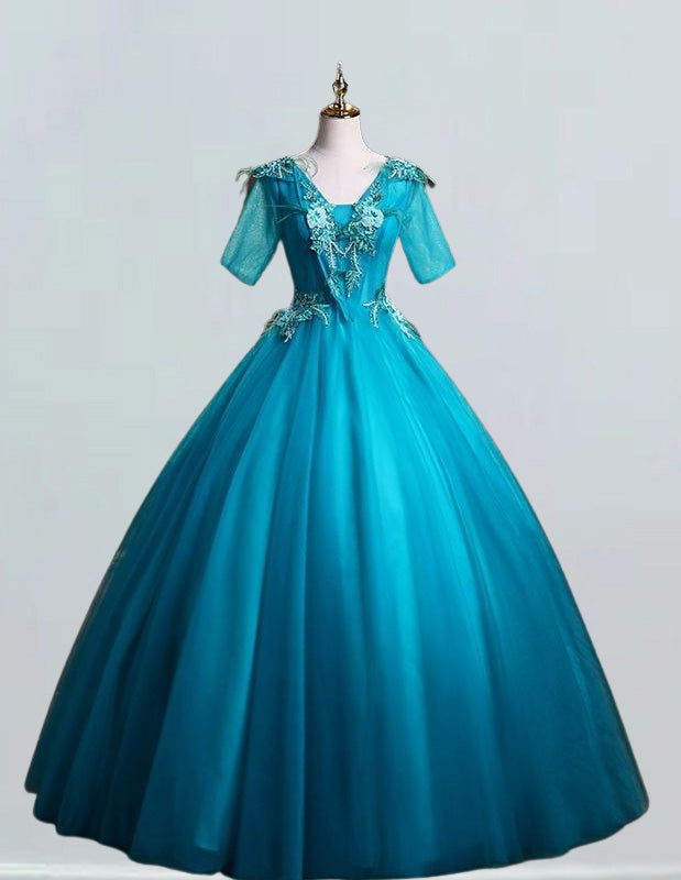 Elegant peacock blue V-neck tulle prom dress with lace applique for girls1