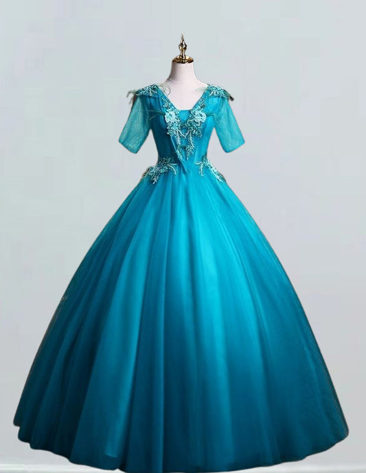 Elegant peacock blue V-neck tulle prom dress with lace applique for girls1 VIMYES