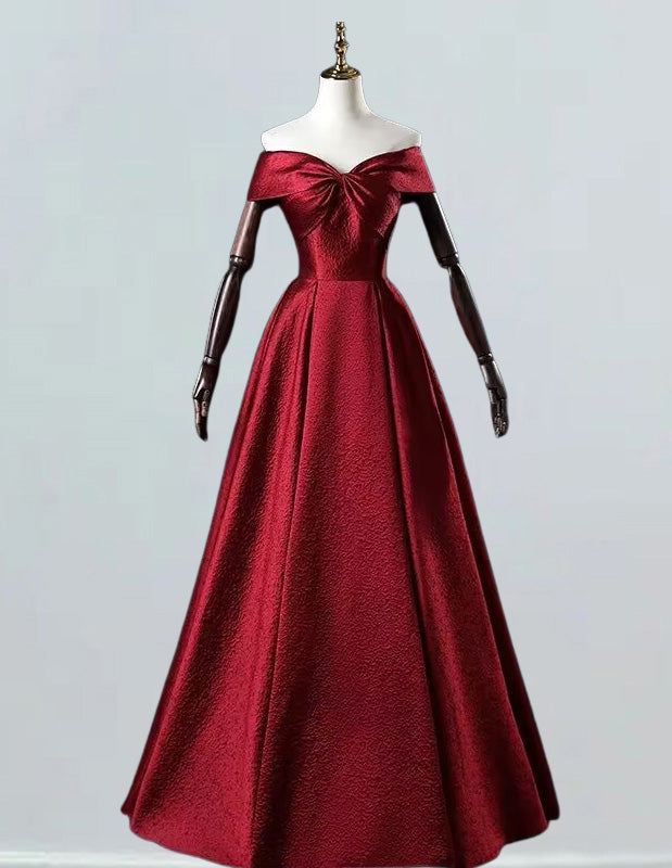 Burgundy off the shoulder satin prom ball gown with printed pattern, floor length evening dress, long plus size bridal gown for girls1