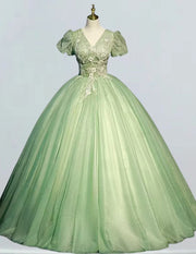 Sage green v neck short sleeve prom gown pleated beaded lace applique long wedding gown senior prom dress