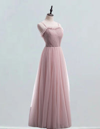 Elegant pink tulle evening gown for girls, fairy prom and bridesmaid dress with sleeves and off-shoulder design1