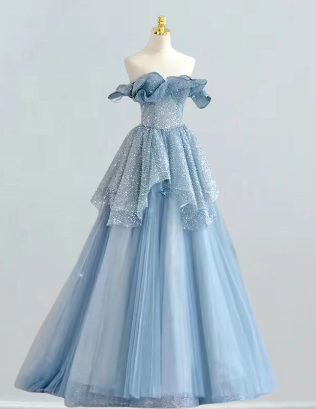 Elegant blue strapless sequin tulle prom and evening gown for girls