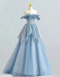 Elegant blue strapless sequin tulle prom and evening gown for girls