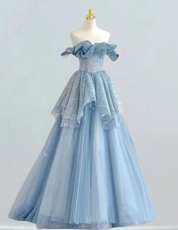 Elegant blue strapless sequin tulle prom and evening gown for girls