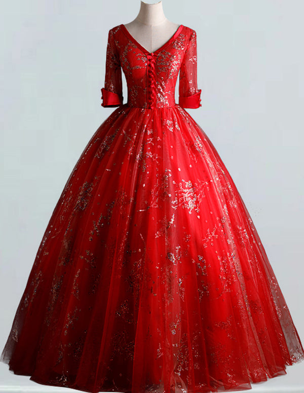 Elegant red V-neck sequin lace tulle evening gown for girls' prom and parties1