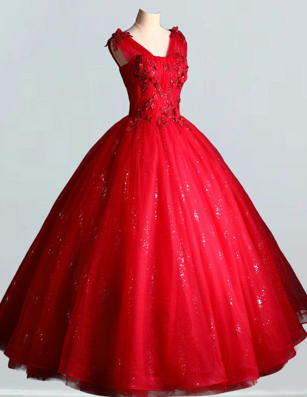 Elegant red lace V-neck prom ball gown with applique for girls' formal events0