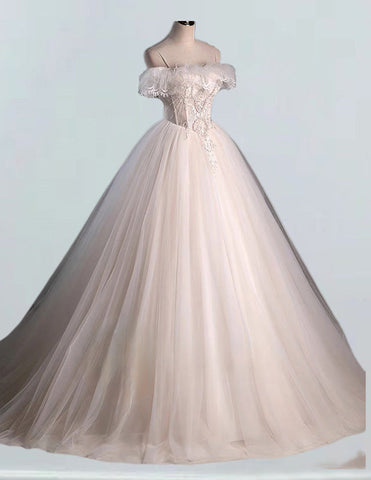 Off the shoulder lace beaded long tulle ball gown wedding dress