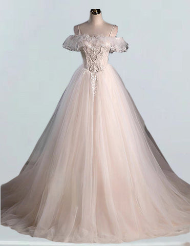 Off the shoulder lace beaded long tulle ball gown wedding dress