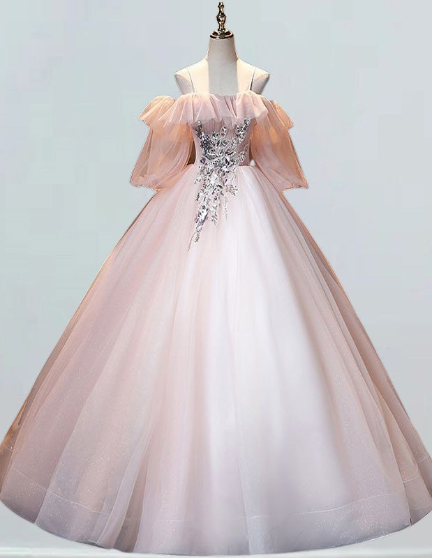 Elegant off shoulder pink tulle quinceanera dress for girls, featuring formal evening and prom gowns with sleeves, capes, and corset designs0