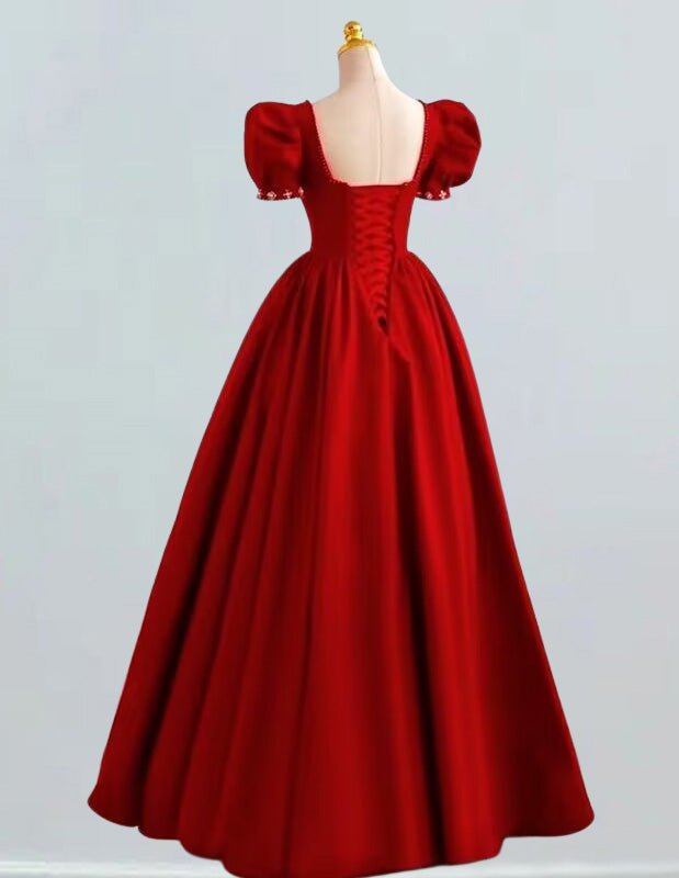 Red square neckline puff sleeve long satin ball gown for prom, elegant and aesthetic evening dress0