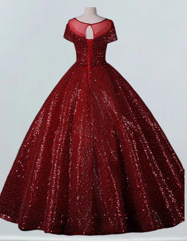 Burgundy scoop sequin long ball gown bridal dress