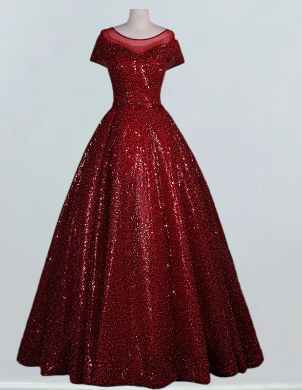 Burgundy scoop sequin long ball gown bridal dress