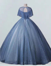 Gray blue scoop lace applique long ball gown prom dress