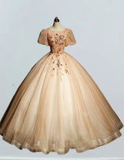 Scoop puffy sleeve beaded lace long ball gown