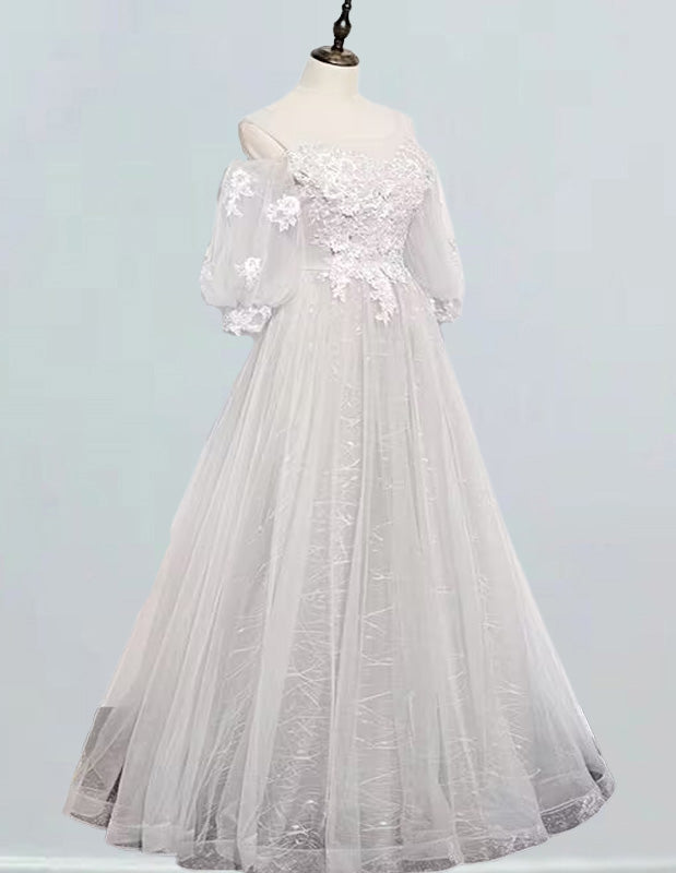 Elegant off-shoulder lace applique tulle bridal prom gown for girls3