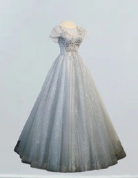 Silver gray beaded quinceanera dress long lace ball gown