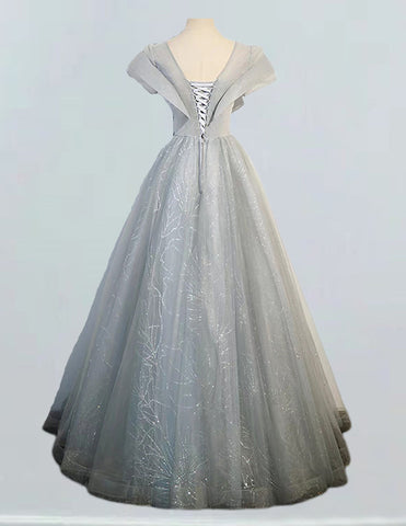 Silver gray beaded quinceanera dress long lace ball gown