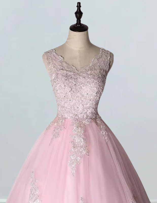 Elegant pink V-neck beaded lace ball gown for girls' prom and evening events0