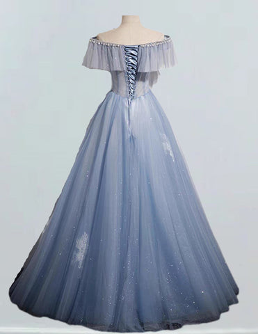 Off the shoulder v neck blue long ball gown prom dress