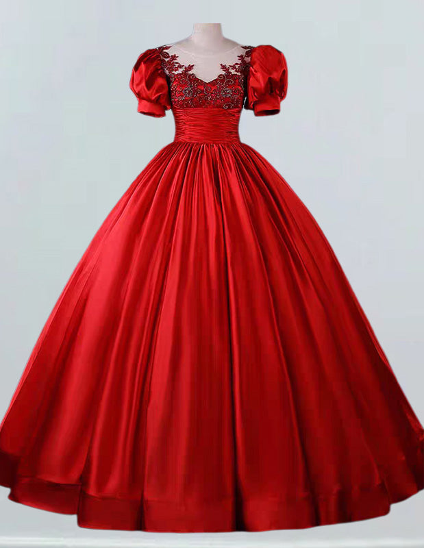 Red lace applique pleated satin long prom dress ball gown