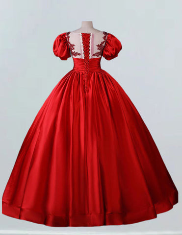 Red lace applique pleated satin long prom dress ball gown