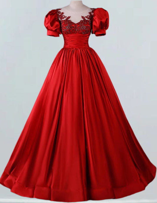 Red lace applique pleated satin long prom dress ball gown VIMYES