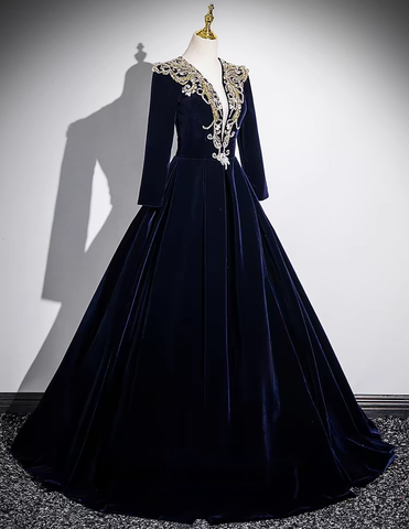 Navy blue beaded lace applique long velvet ball gown