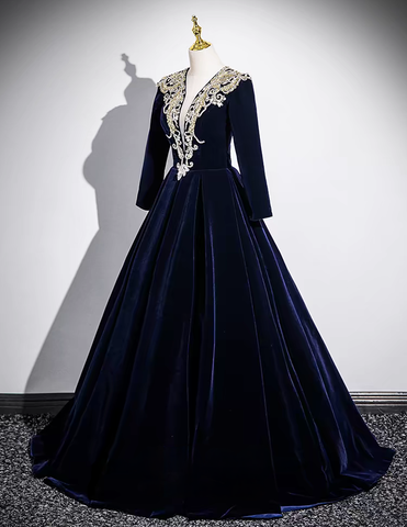 Navy blue beaded lace applique long velvet ball gown