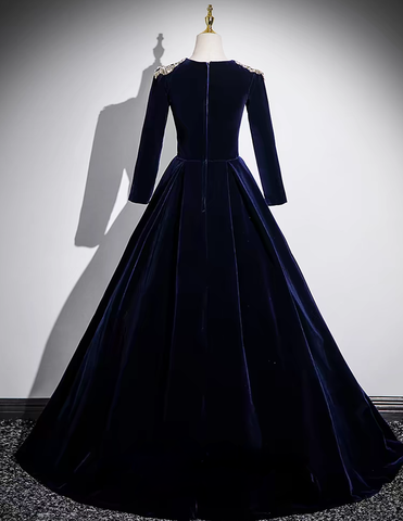 Navy blue beaded lace applique long velvet ball gown