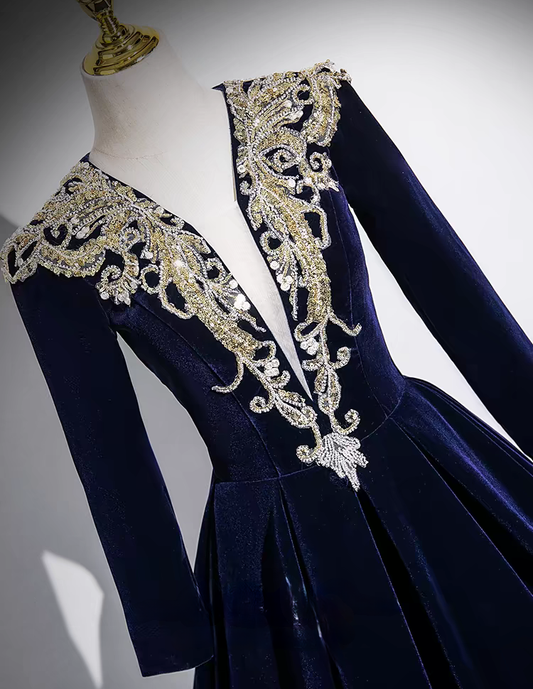 Navy blue beaded lace applique long velvet ball gown VIMYES