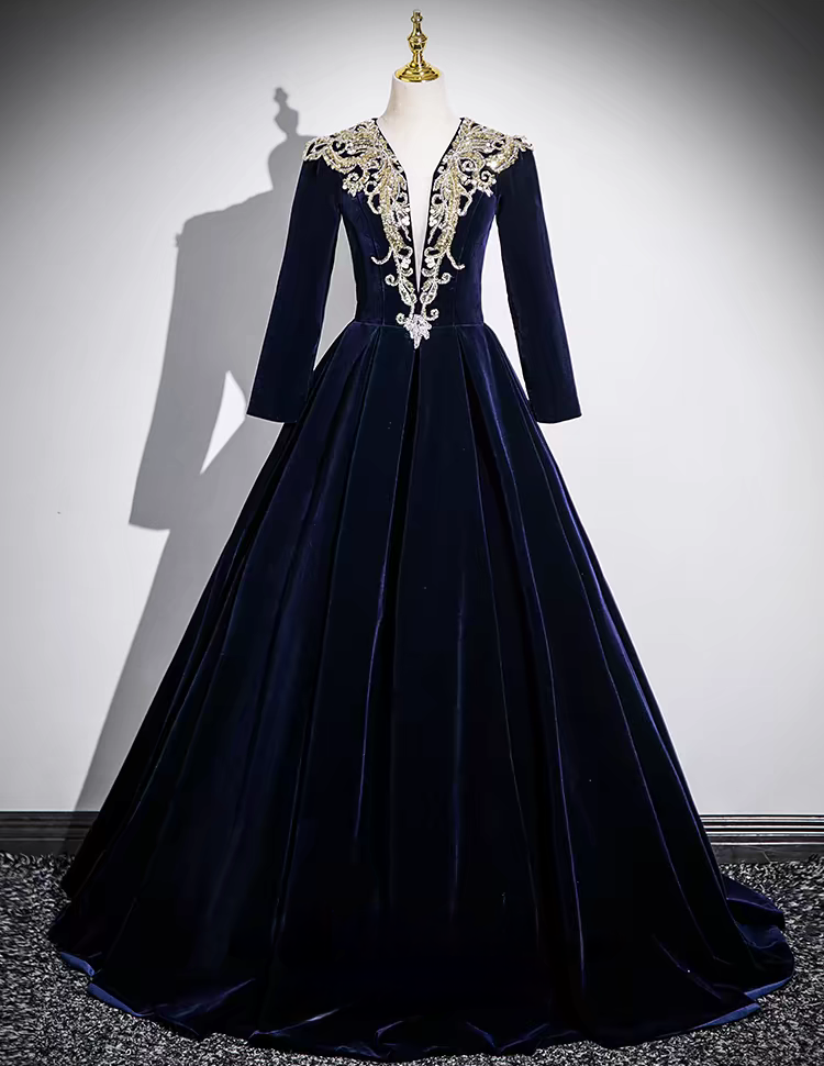 Navy blue beaded lace applique long velvet ball gown